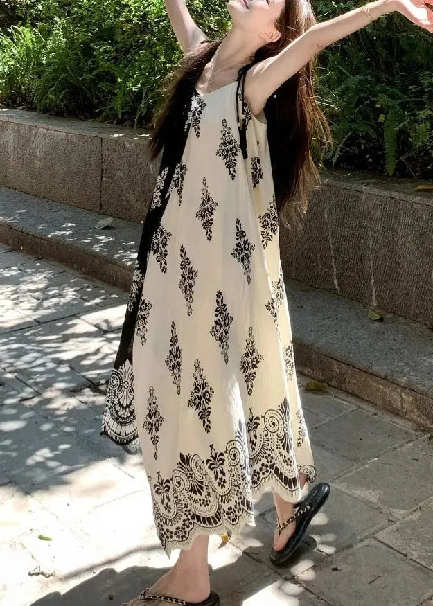 French Apricot Print Holiday Long Spaghetti Strap Dress Summer