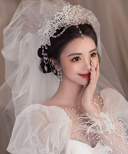 White Alloy Zircon Crystal Tassel Drop Earrings and Hairpiece Two-piece Set