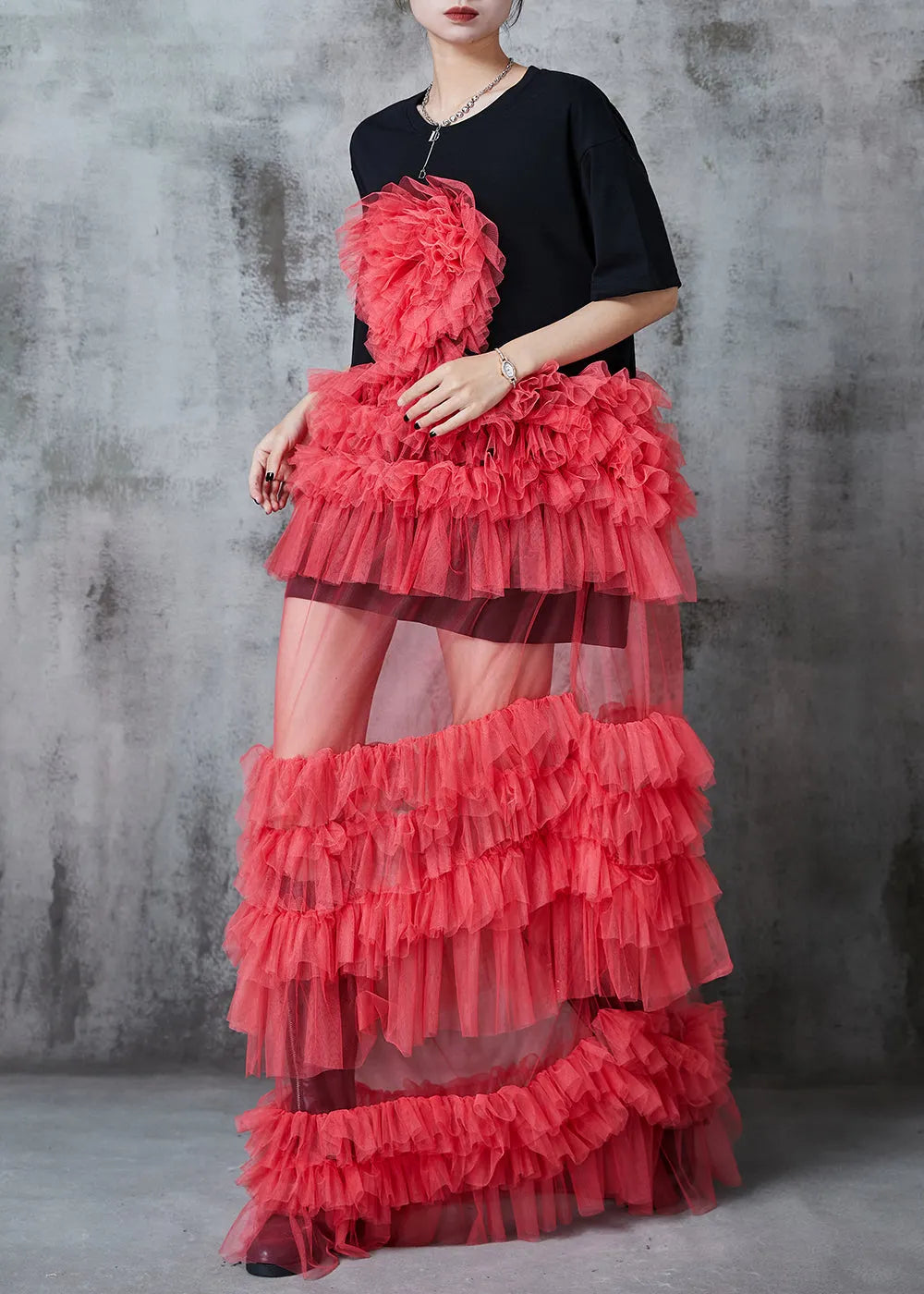 Black Ruffled Patchwork Tulle Long Dress Summer