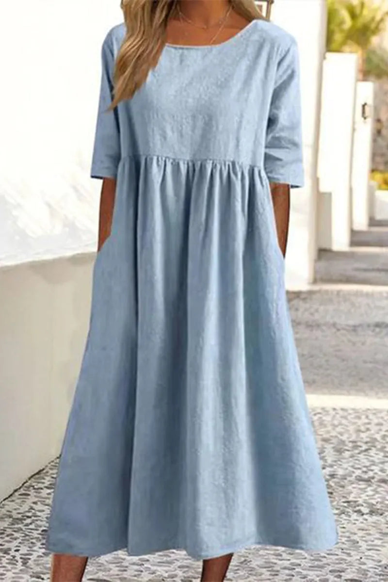 Half Sleeve Pleated Pocket Cotton Dress(9 Colors)