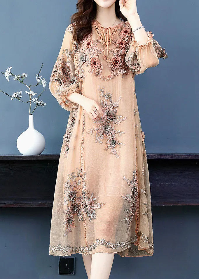 Handmade Apricot V Neck Embroidered Silk Maxi Dress Long Sleeve
