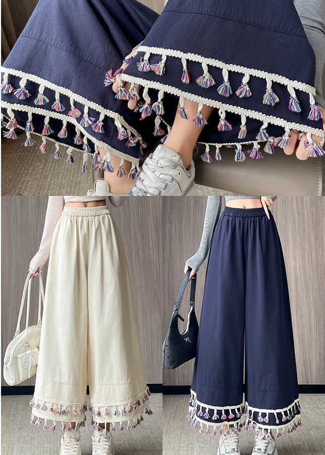 White Tasseled Patchwork Cotton Crop Pants Fall