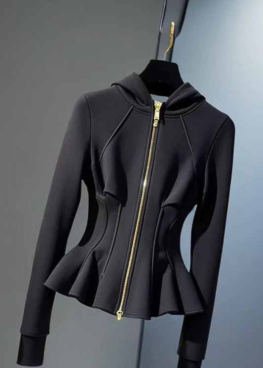 New Black Hooded Zippered Cotton Coats Fall