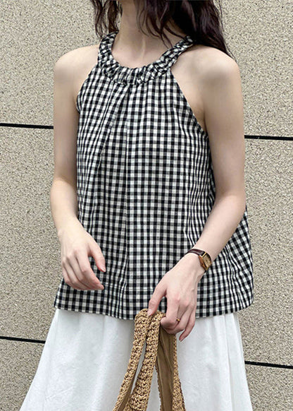 French Plaid O-neck Cold Shoulder Cotton Top Sleeveless