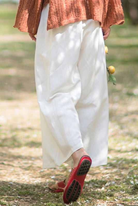 White Linen Elastic Waist Wide Leg Pants