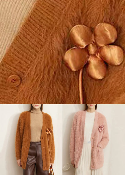 Pink Pockets Mink Velvet Cardigan V Neck Winter
