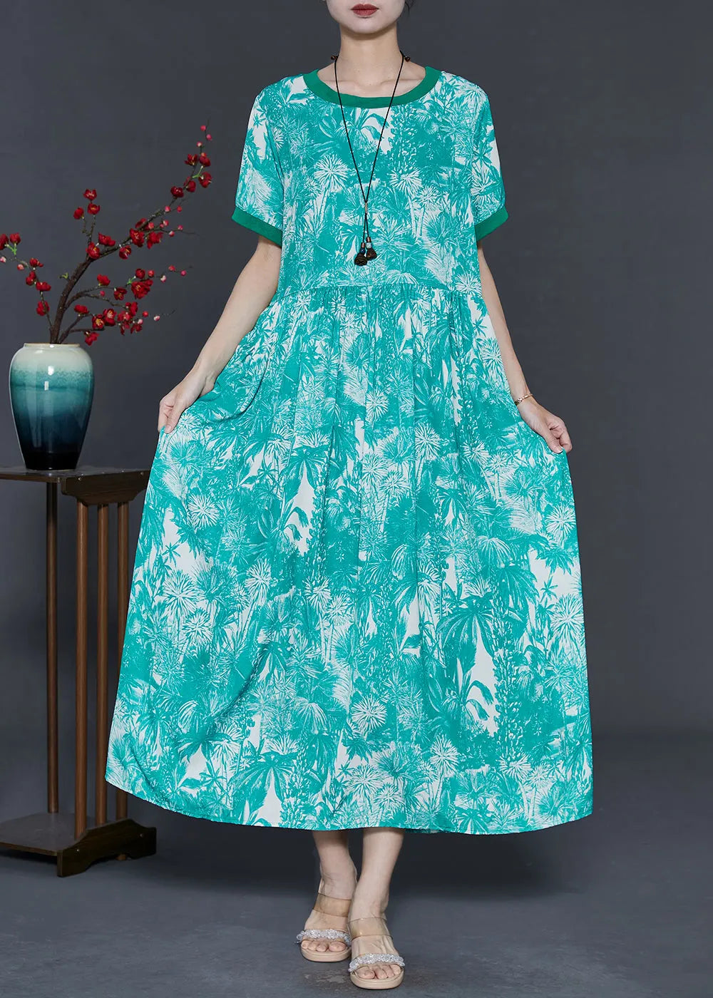 Green Print Exra Large Hem Silk Ankle Dress Summer
