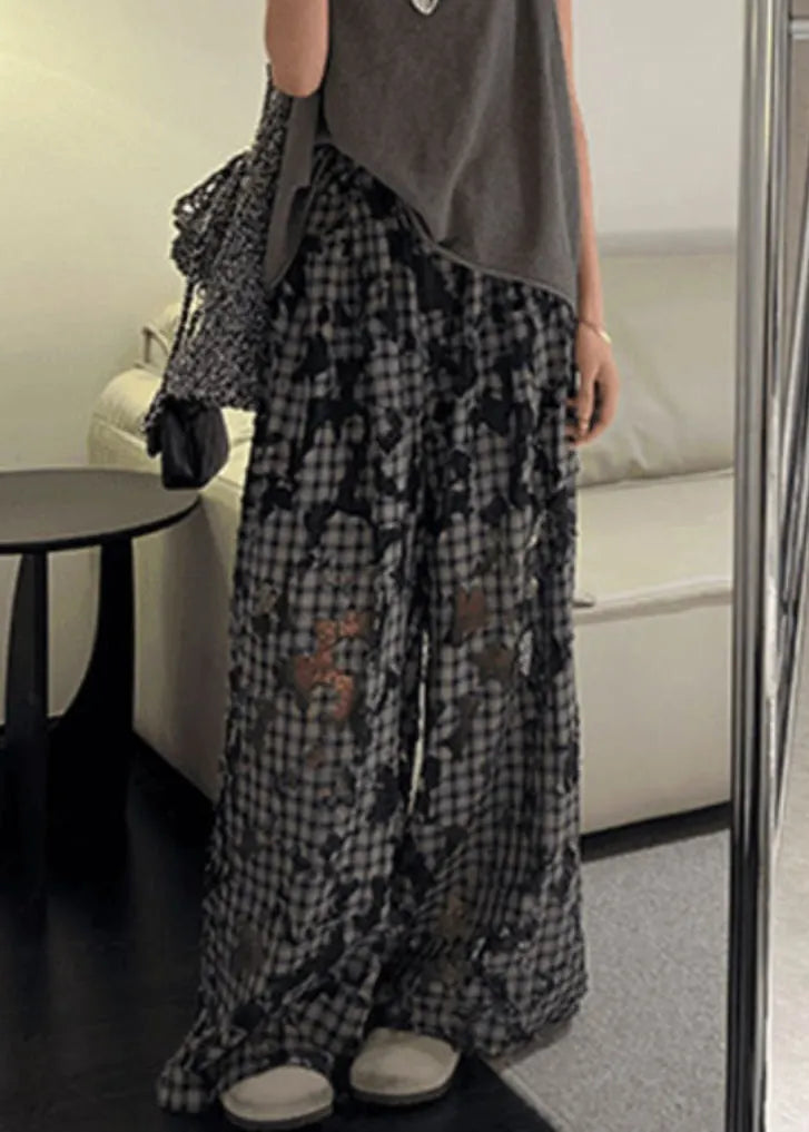 Plaid Hollow Out Patchwork Wide Leg Pants Spring