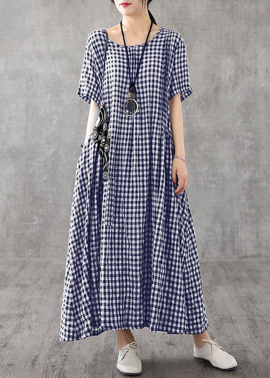 Blue Plaid Linen Dresses Summer Cotton Dress