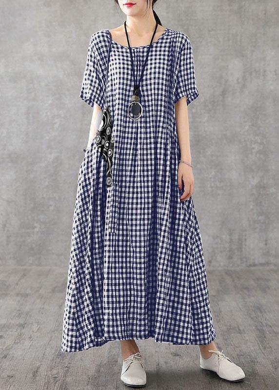 Blue Plaid Linen Dresses Summer Cotton Dress