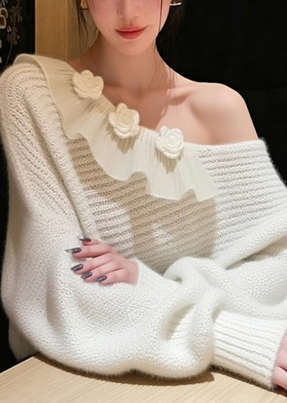 French White One Shoulder Decorated Knit Sweater Winter