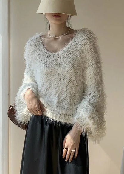 White Fluffy Hollow Out Knit Sweaters Winter