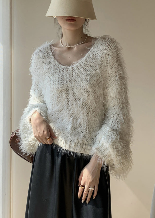 White Fluffy Hollow Out Knit Sweaters Winter