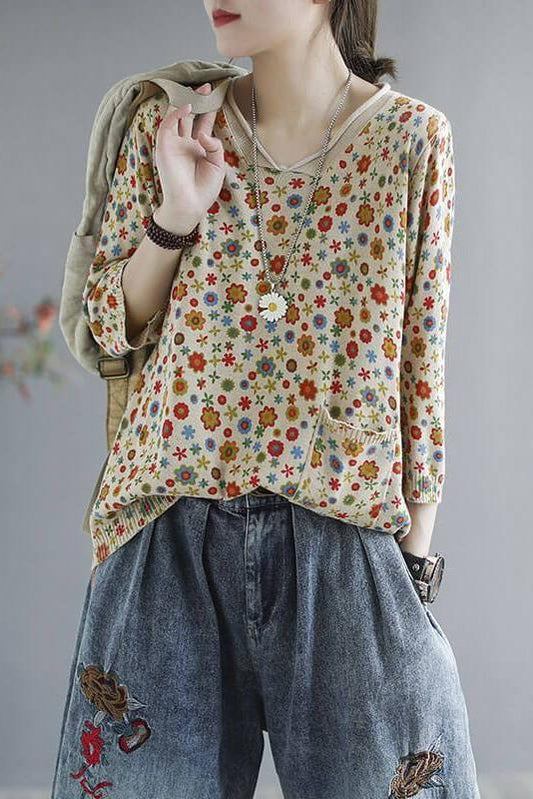 Spring Knitted Print Pocket Sweater
