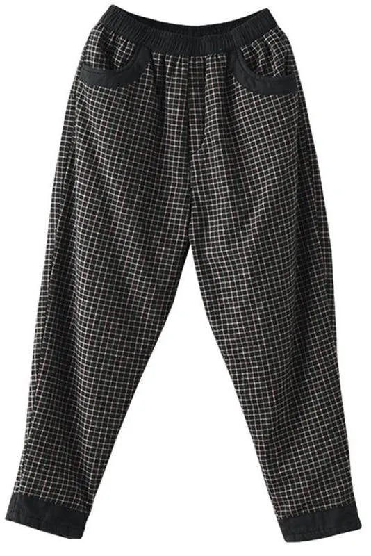 Cotton Linen Plaid Elastic Waist Pants