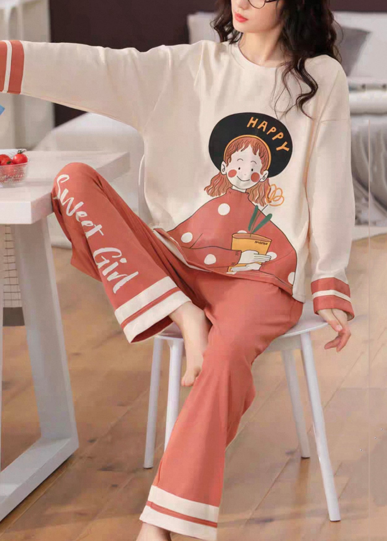 Beige Print T Ahirt and Orange Pants Cotton Pajamas Two Pieces Set Fall