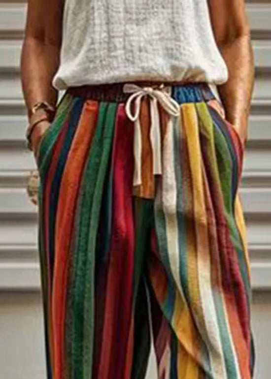 Rainbow Striped Pockets Tie Waist Crop Pants Summer