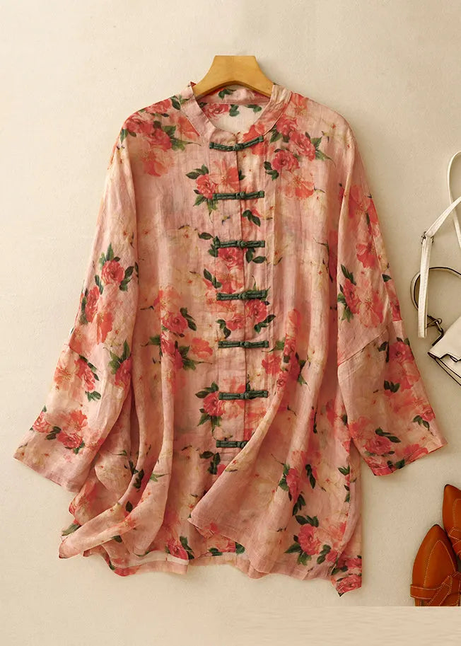 Pink Print Chinese Button Linen Shirts Spring