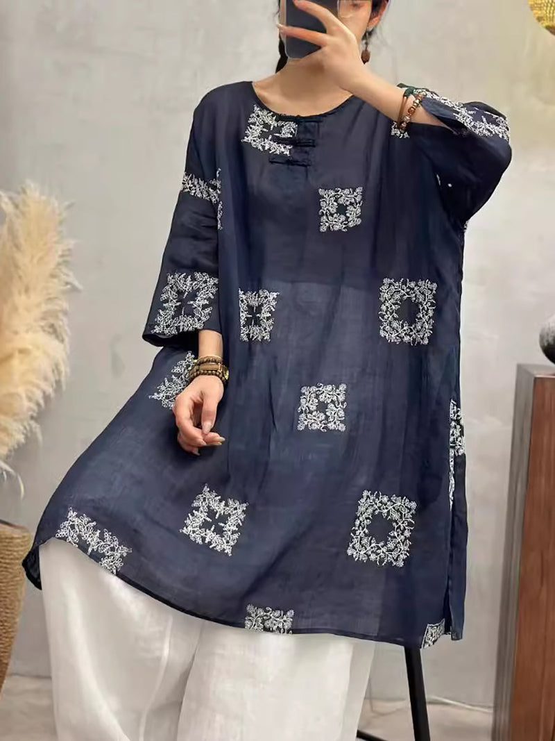 Summer Embroidery Long Ramie Shirt