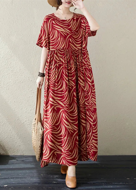 Red Oversized Print Cotton Long Dresses Summer