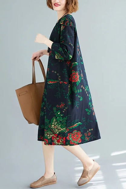 - Loose Long Sleeve Printed Cotton Linen Dress