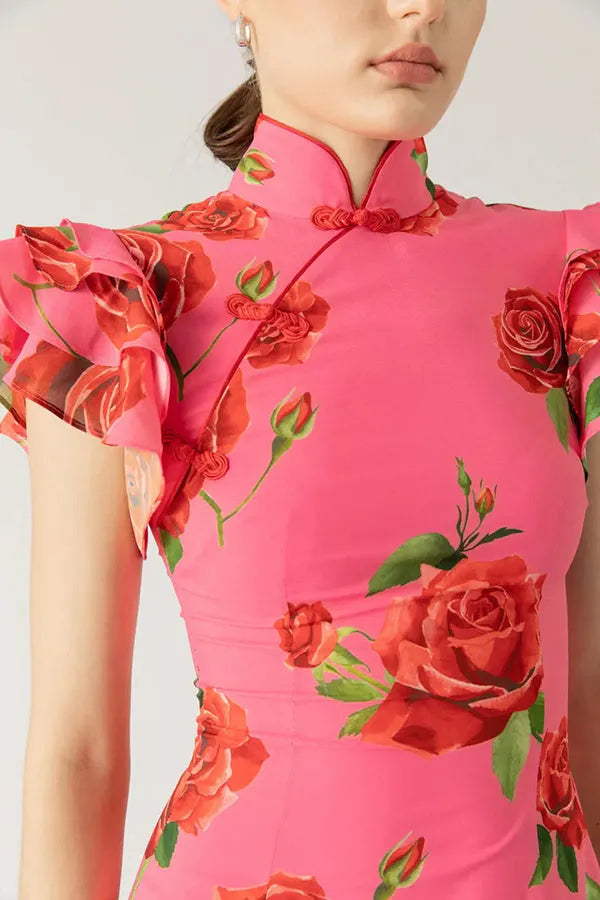 Cheongsam Style Rose Print Tiered Flare Sleeve Stretch Maxi Dress
