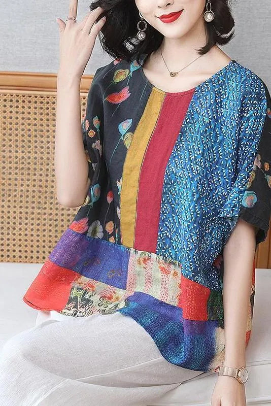 Summer Printed Wommen Loose Linen T-shirt