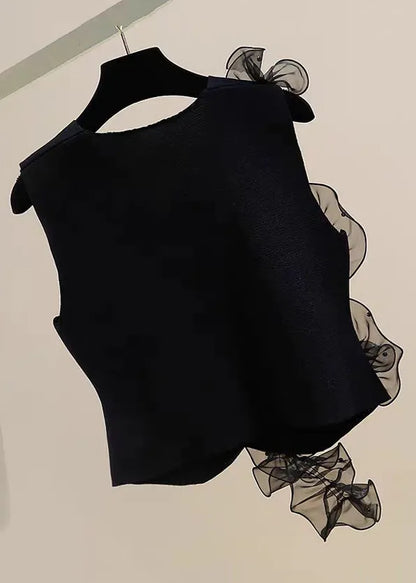 Black Ruffled Tulle Patchwork Cotton Waistcoat V Neck Summer