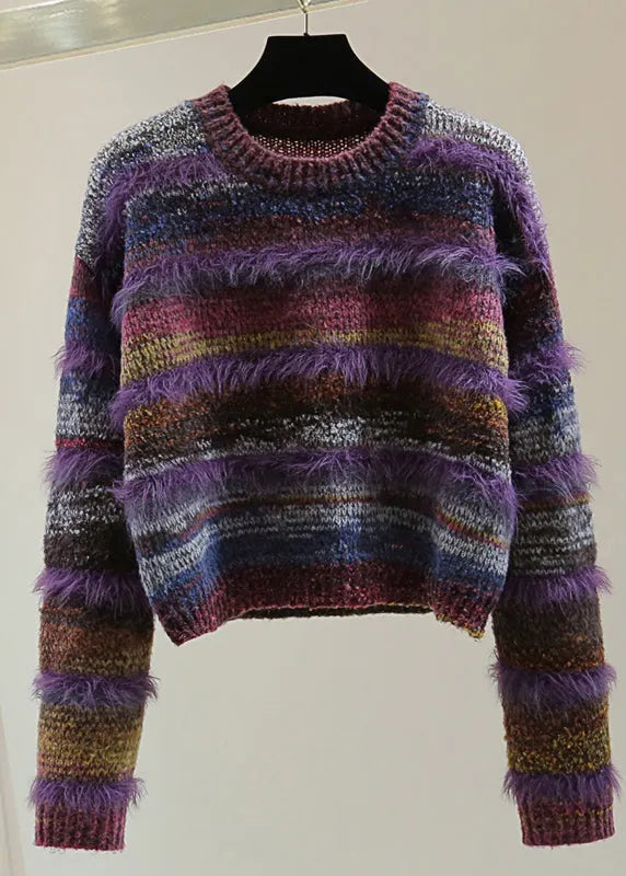 Purple O-neck Thick Striped Cotton Knit Sweater Top Winter