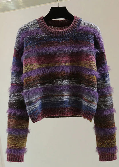 Purple O-neck Thick Striped Cotton Knit Sweater Top Winter