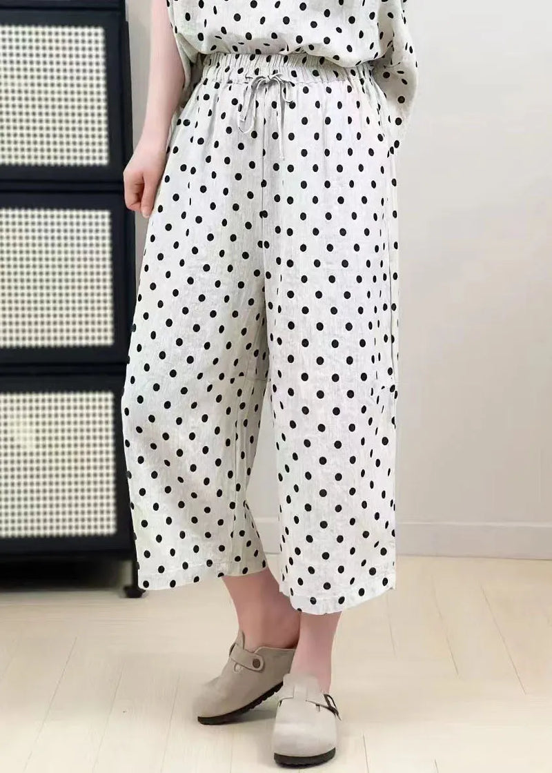 Classy White Oversized Dot Print Linen Wide Leg Pants Summer