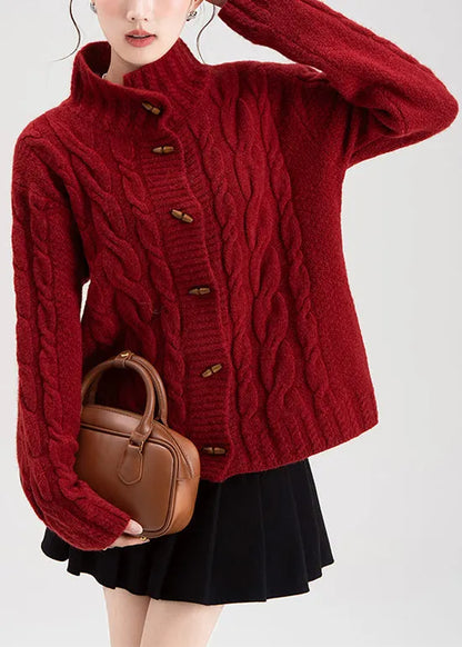 Red Stand Collar Button Cable Knit Coat Winter