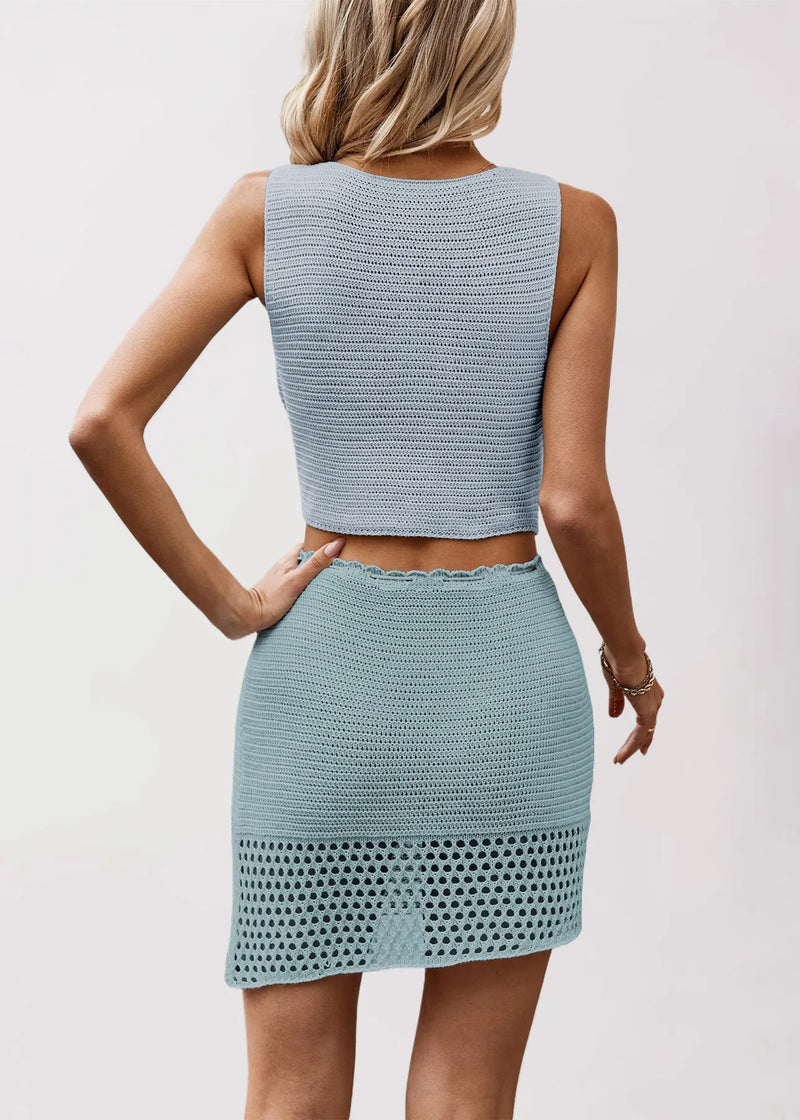 Khaki V Neck Hollow Out Knit Two Pieces Set Summer