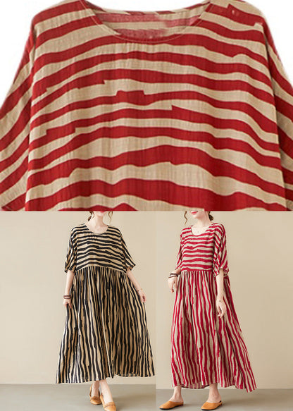 Vogue Red Striped O-neck Long Dresses Short Sleeve