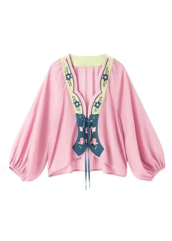 Original Design Pink Print Lace Up Chiffon Cardigans Lantern Sleeve