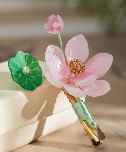 Pink Alloy Chiffon Colored Glaze Pearl Lotus Tassel Hairpin