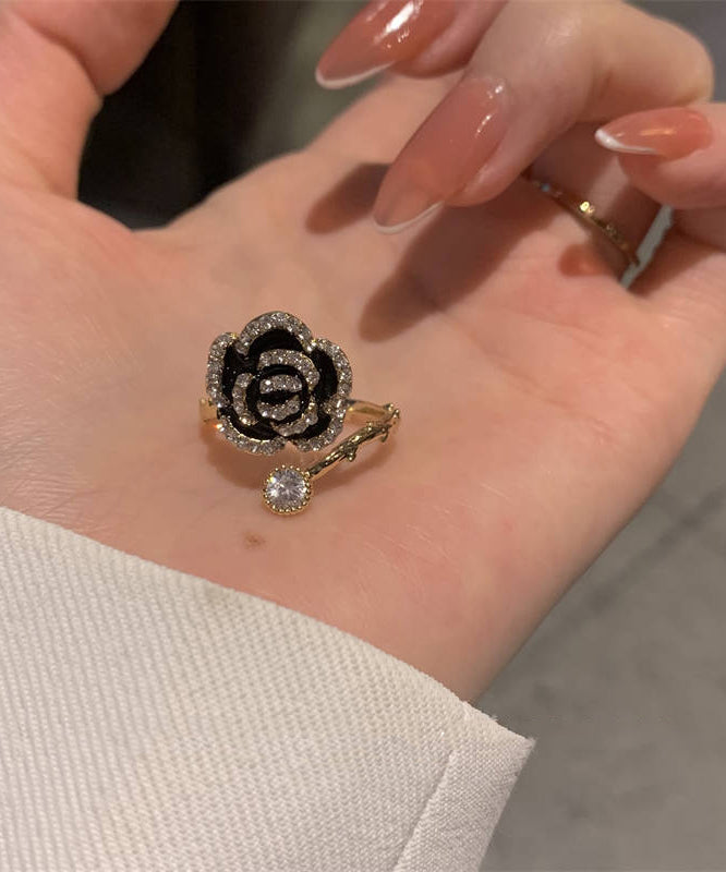 Black Copper Overgild Zircon Camellia Rings