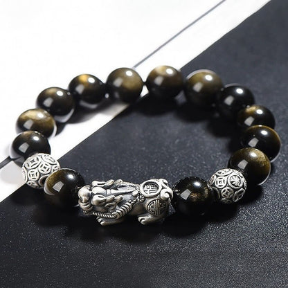 Buddha Stones 925 Sterling Silver Natural Gold Sheen Obsidian Pixiu Wealth Protection Bracelet