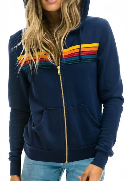 Navy Zip Up Pockets Warm Fleece Hooded Coat Winter