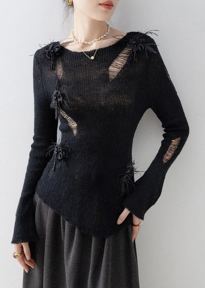 Black O Neck Tassel Knit Top Spring