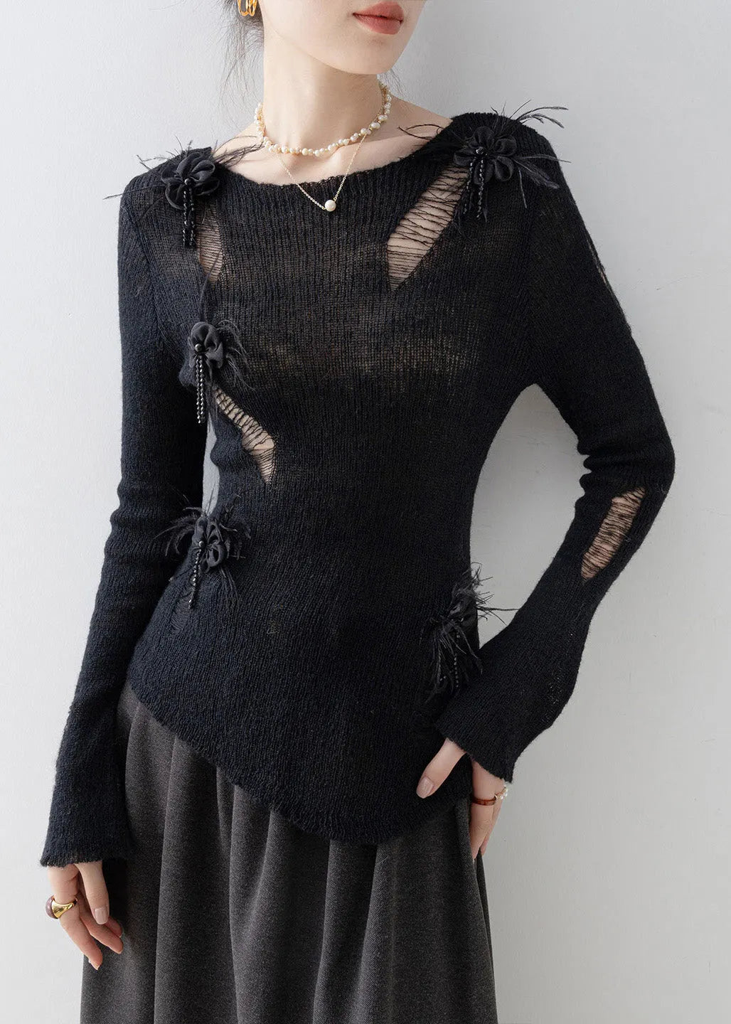 Black O Neck Tassel Knit Top Spring