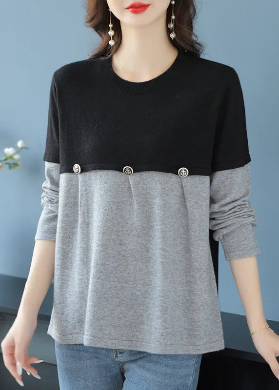 Grey O Neck Patchwork Knit Sweater Spring