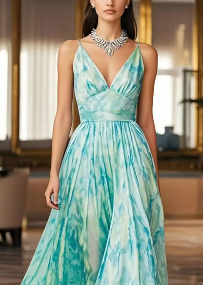 Light Blue Print Exra Large Hem Chiffon Cami Dresses Summer