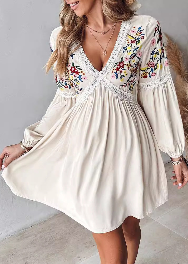 Style Apricot Embroidered Cotton Mid Dress Long Sleeve