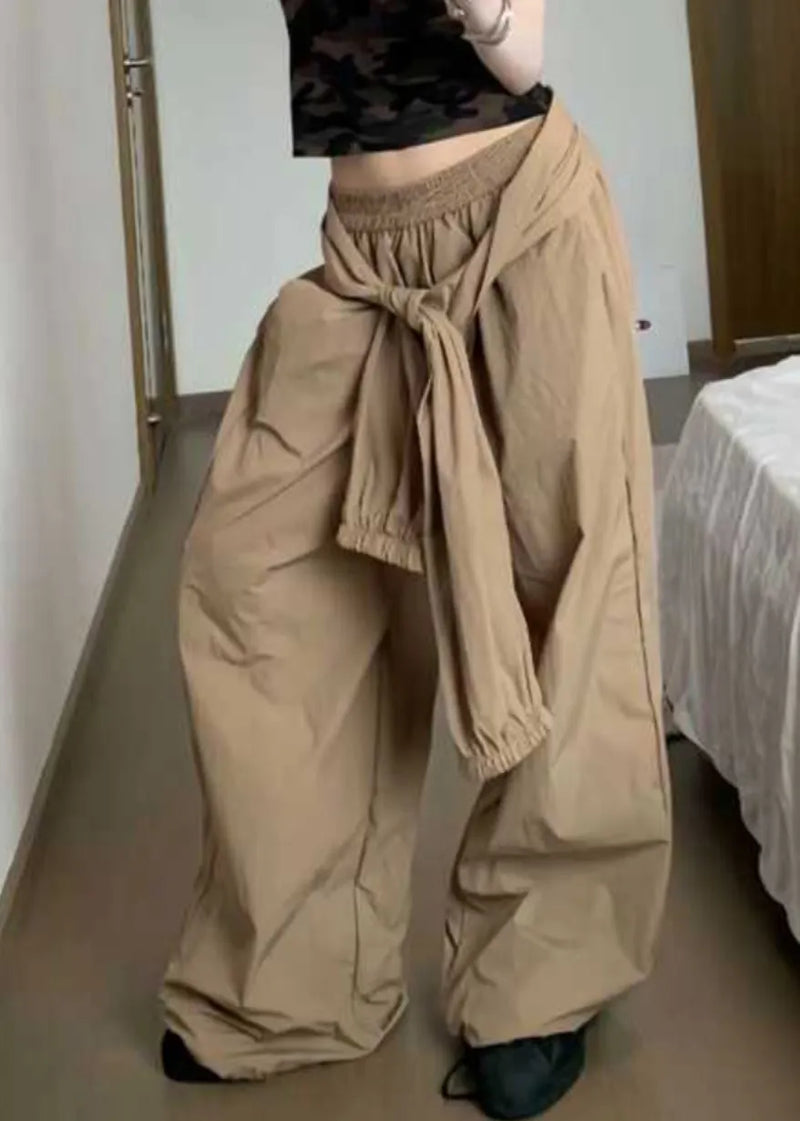 Khaki Pockets Elastic Waist Cotton Pants Summer