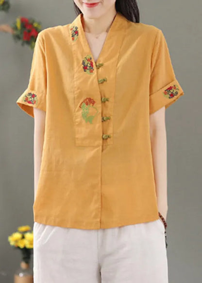 Yellow V Neck Embroidered Button Shirt Short Sleeve