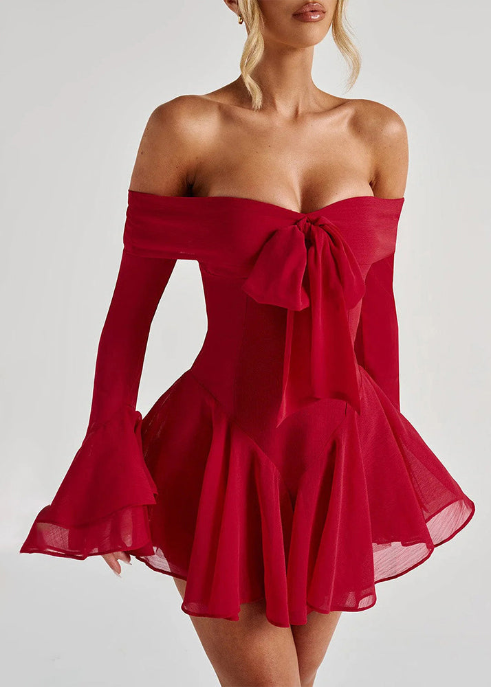 Red Slash Neck Bow Cotton Mid Dress Flare Sleeve