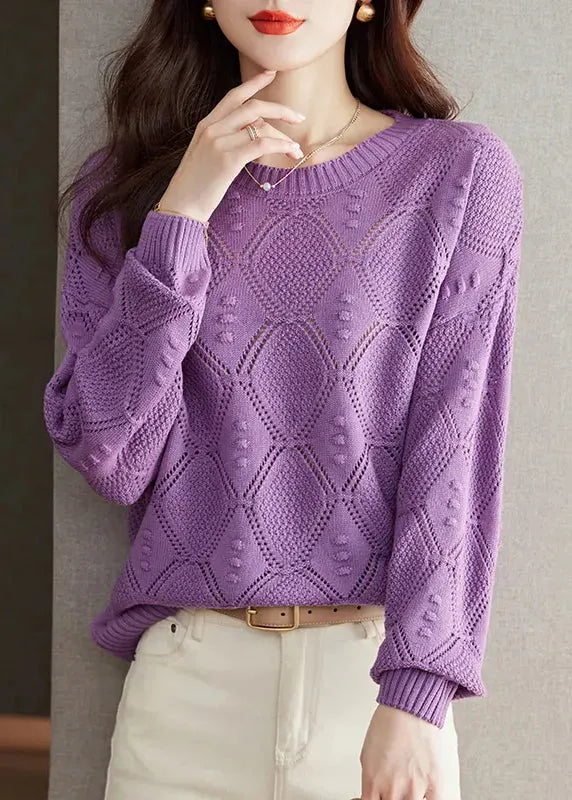 Brick Red O Neck Hollow Out Knitted Tops Fall
