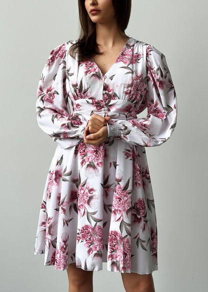 French V Neck Print Wrinkled Chiffon Mid Dresses Spring