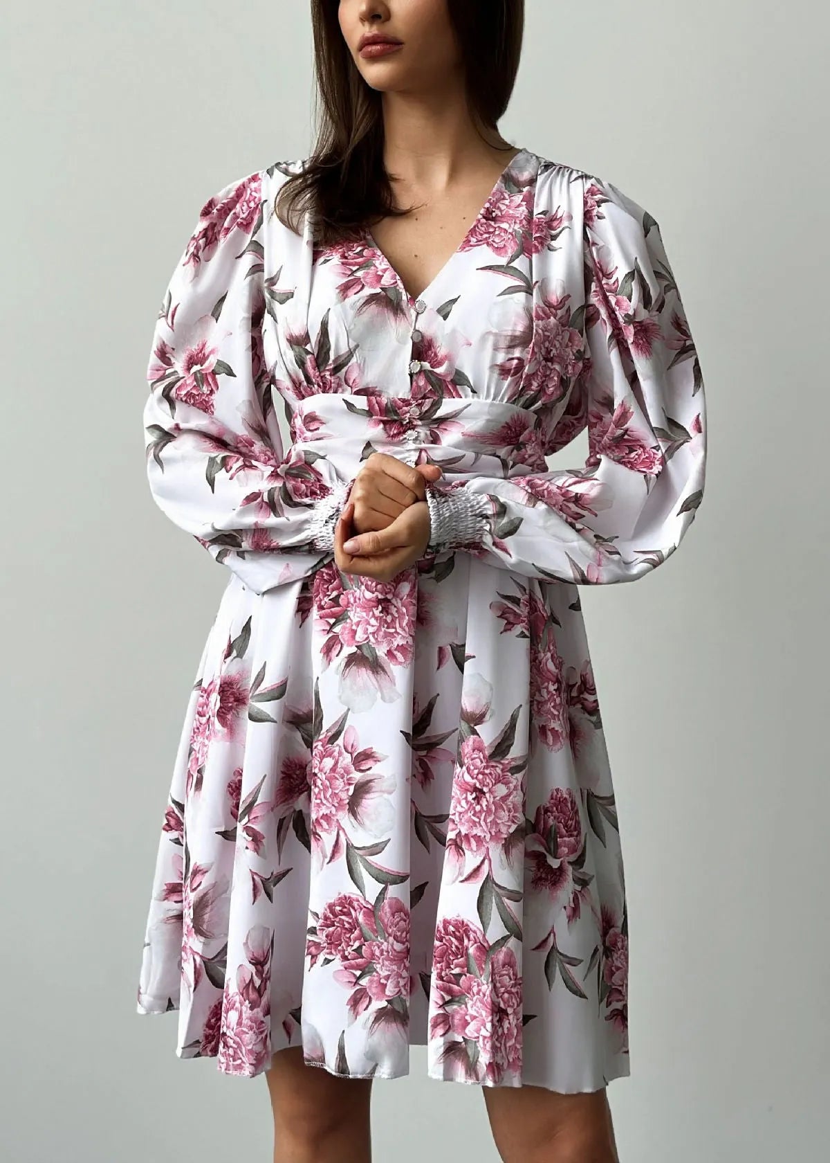 French V Neck Print Wrinkled Chiffon Mid Dresses Spring